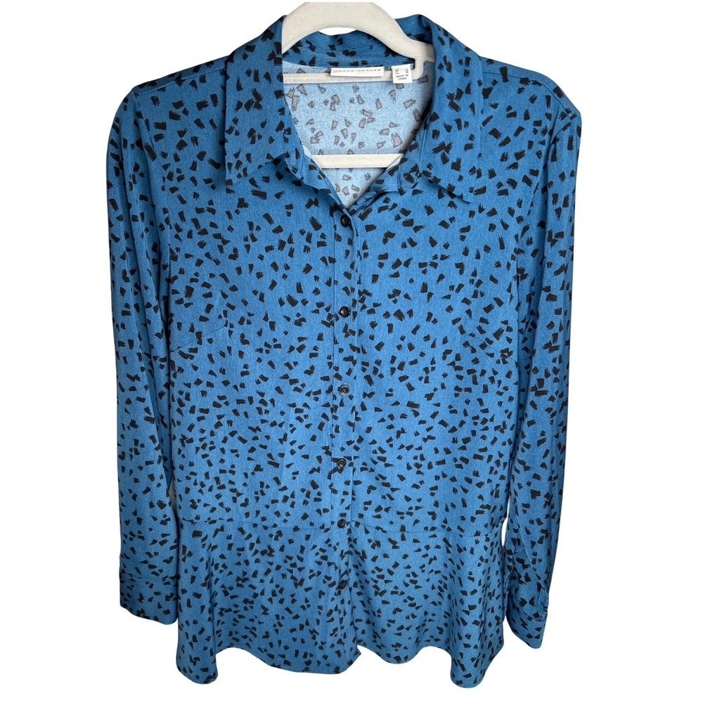 Susan Graver Blue Black Peachskin Print Button Up Long Sleeve Shirt Top Womens M